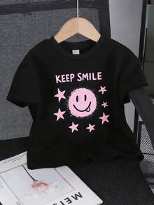 SHEIN Genkimix Kids Young Girl T-Shirt With Letter, Star, Smiling Face Print, Short Sleeve Top, Cute Pattern, Casual & Comfortable, Suitable For Spring, Summer, All Seasons, Black T-Shirt Kids Girl Loose Sweet Cute Top Loose Sweet Shirt For Girls Kid Cute Tops - Black - View 2