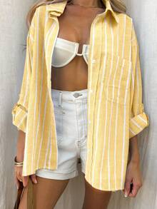 Vaclyn Women's Striped Long Sleeve Blouse, Casual & Fashionable For Everyday Wear - Mustard Yellow - View 3