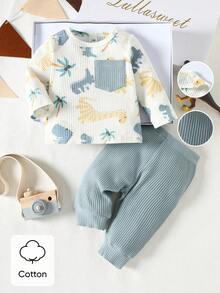 SHEIN 新生男宝宝白色皮特图案卡通恐龙图案印花拼接绿色口袋长袖上衣配绿色裤子两件套可爱休闲运动时尚新品 - 藍色 - 查看 3