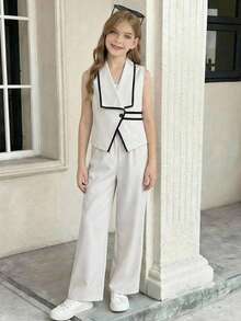 SHEIN 两件套女童休闲套装，春夏秋季皆宜，包含无袖V领上衣和阔腿裤，适合海滩、度假、休闲聚会、节日、毕业典礼等场合。 - 杏色 - 查看 3