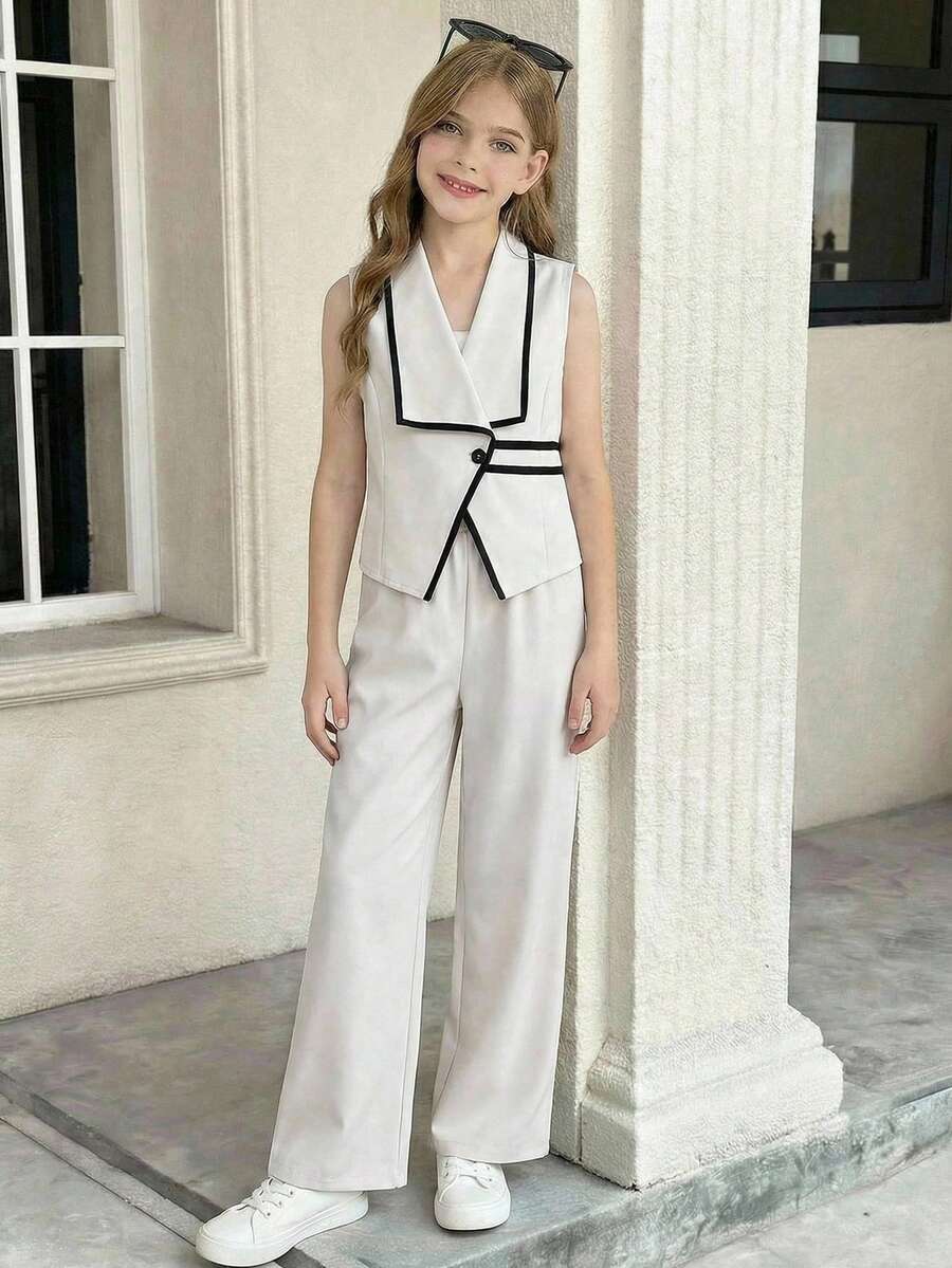 SHEIN Set de 2 piezas de ropa casual para niñas, para primavera/verano/otoño, incluye top sin mangas de cuello en V y pantalones de pierna ancha, adecuado para playa, vacaciones, fiesta casual, días festivos, graduación - Albaricoque - Ver 1