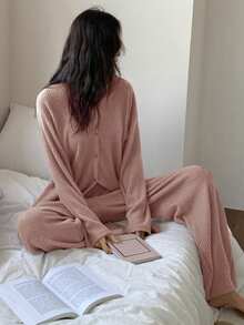 DAZY Minimalist Striped Textured Fleece Cardigan Pajama Set For Women, Spring - Dusty Pink - View 3