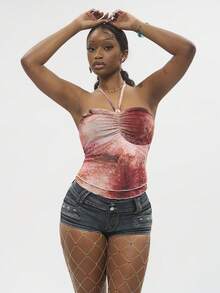 Bloopia INS 美人鱼扎染褶皱吊带背心，不对称下摆女式上衣 - 彩色 - 查看 4