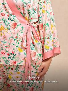 LUVLETTE 大码春秋季家居服女式粉色碎花和服睡衣套装 - 缎面长袖上衣和撞色滚边阔腿裤 - 粉色 - 查看 6