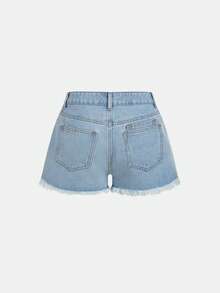 SHEIN MOD 女士夏季休闲水洗斜插口袋毛边牛仔短裙 - 藍色 - 查看 2