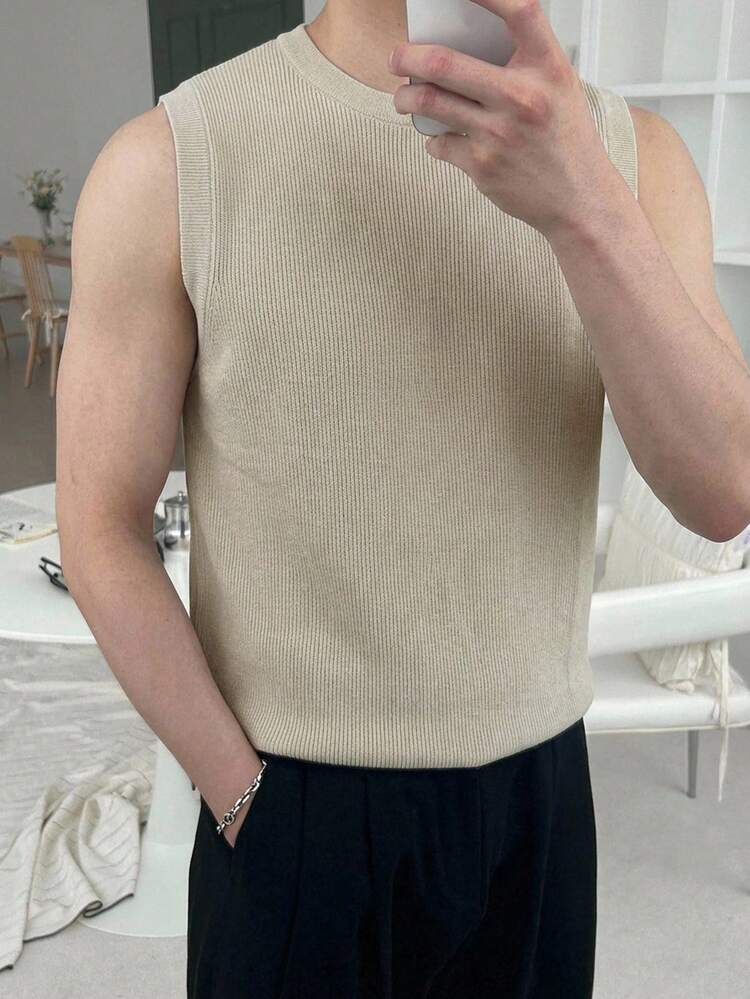 Men's Solid Color Fitted Crew Neck Tank Top, Summer