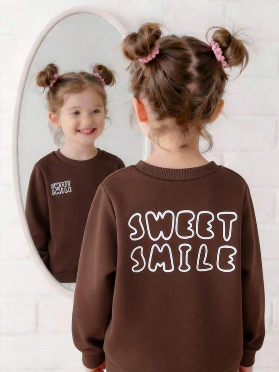 Genkimix Kids 1pc Girls' Long Sleeve Sweet Smile Print Casual Sweatshirt, Spring/Autumn Cute Sweatshirt Brown Sweatshirt Kids Graphic Sweatshirt Sweatshirt For Kids Children Sweatshirt Brown Toddler Sweatshirt - Brown - View 1