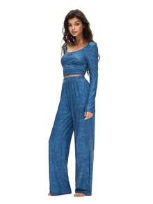 女士舒适字母拼接露脐上衣和长裤家居服套装，秋季 - 藍色 - 查看 3