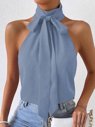 RosyDaze Camisa de mujer de unicolor con cuello de corbata, versátil y casual para uso diario