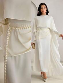 Veilorie Women's Solid Color Ruched Elegant Long Sleeve Arabic Dress - Beige - View 11