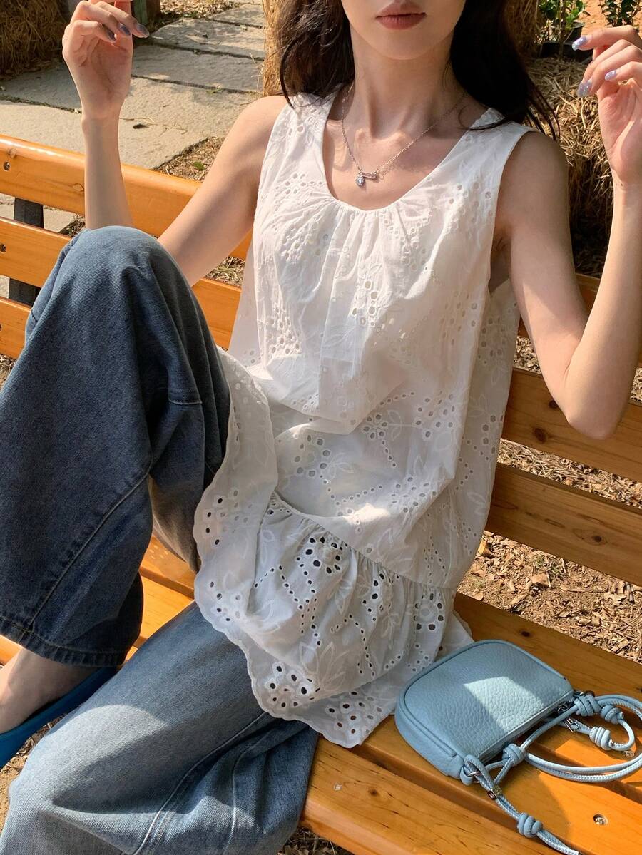 DAZY 女士圆领无袖蕾丝面料休闲套头衫夏季 - 白色 - 查看 1