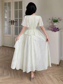 DAZY Women's V-Neck Shiny Fabric Waist Cinched Ruffle Sleeve Maxi Elegant Dress - Beige - View 3