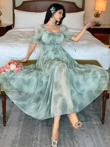 DAZY Women's Square Neck Short Sleeve Cinched Waist Casual Chiffon Dress, Vacation Style Dress - Green - View 4