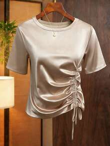 Franclia New Fashionable Versatile Asymmetrical Waist Short Sleeve T-Shirt, Elegant French Luxury Style For Women, Summer - Champagne - View 1