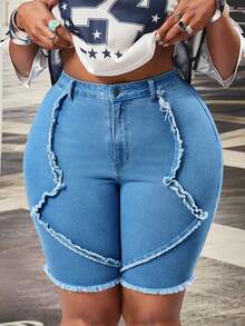 Slaydiva 拼接毛边七分牛仔裤 女式牛仔短裤 大码 春夏 - 淺色水洗藍 - 查看 6