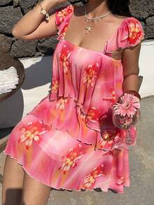 Sunnyshic 度假沙滩褶皱印花短款蛋糕裙 - 彩色 - 查看 3