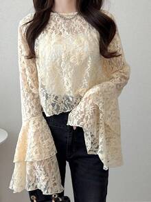 FRIFUL 女士纯白色薄纱蕾丝面料层叠喇叭袖修身百搭衬衫 - 白色 - 查看 4