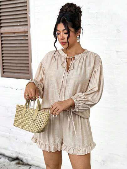 Elenzga Plus Size Linen-Like Textured Fabric V-Neck 3/4 Petal Sleeve Blouse + Elastic Waist Shorts 2 Piece Set, Casual For Outings, Gatherings, Vacation, Commute