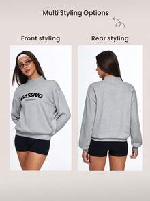 Eassivo Eassivo 女士休闲卫衣，绣有字母图案，高领套头运动衫 - 灰色 - 查看 5