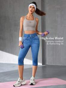 Flexra Women's Button Waist Design Pocket Skinny Capri Jeans - Blue - View 6