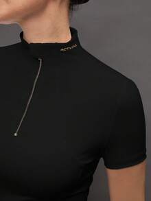 Activina Women's Solid Color Zipper Placket Short Sleeve Equestrian Top Black Mock Neck Top Women Black Short Sleeve Top Black Compression Top Women's Sports Top Women's Equestrian Top  Y3k  Seksi Chic  For Daily Wear Yoga Yoga Studio Tennis  Gym Indoor Outdoor Active - Black - View 7