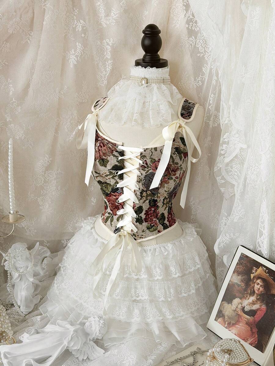 Lyrianda New Arrival French Rose Print Front Tie Bustier, Spaghetti Strap Crop Top, Waist Tie Camisole, Casual Versatile Bowknot Cropped Tank Top For Summer - Multicolor - View 1