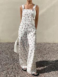 Livesso Ditsy Floral Fitted Women Denim Jumpsuit - White - View 3