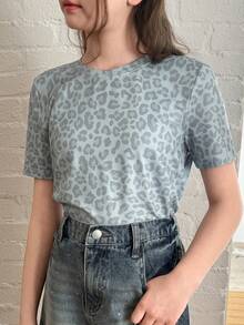 DAZY Áo thun ngắn tay cổ tròn họa tiết da báo dành cho bé gái tuổi teen mùa hè - Màu xanh lam - Xem 1