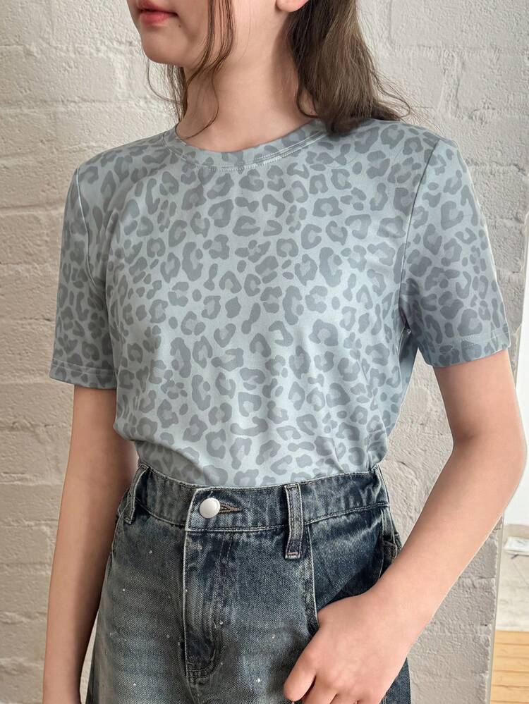 Tween Girls Leopard Print Round Neck Short Sleeve T-Shirt Summer