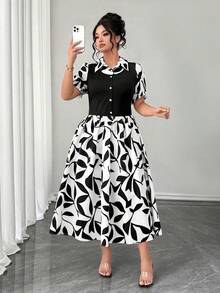 SHEIN Elenzya Plus Size 2 In 1 Floral Print Patchwork Short Sleeve Dress,Shirt Collar,Summer Leaf Print Retro Midi Button Dress,Black And White,Elegant,Tea Party - Black - View 4