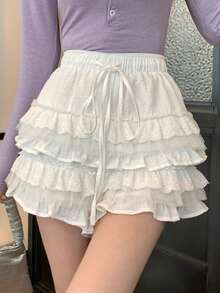 DAZY Quần short nữ màu trơn ngọt ngào, có bèo nhún ở gấu và dây rút ở eo, thích hợp cho mùa hè. - trắng - Xem 6