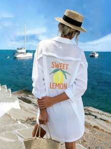 Vaclyn New Arrival Fresh Lemon Print Mid-Length Dress, Suitable For Vacation And Everyday Wear - White - View 4
