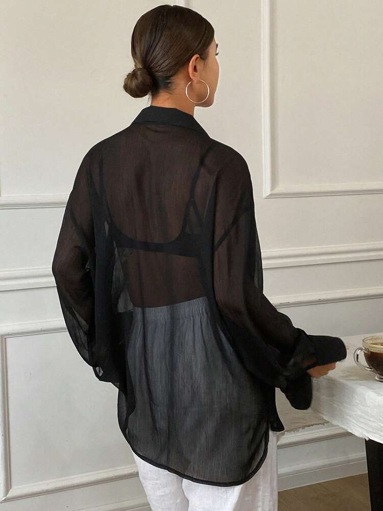 Women's Open Front Sheer Tie Cuff Loose Long Sleeve Casual Elegant Blouse