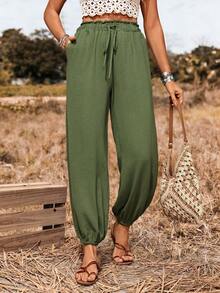 SHEIN LilyWest 女士纯色假日纹理抽绳裤，适合度假、夏季、优雅海滩、波西米亚休闲风格 - 軍綠色 - 查看 1