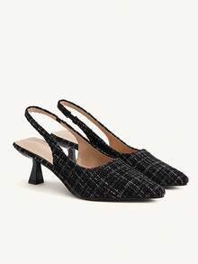 CUCCOO CHICEST Zapatos de tacón de punta fina con estampado de cuadros elegantes para mujer - Negro - Ver 2