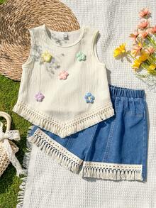 Vintaside Kids Bộ đồ mùa hè cho bé gái gồm áo ba lỗ cổ tròn không tay thời trang và đơn giản, phối cùng quần short denim bạc màu đa năng, thích hợp cho du lịch hè, kỳ nghỉ hoặc mặc thường ngày. - Màu be - Xem 5
