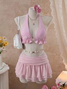 Swim Mod Conjunto de bikini con volantes y top halter para vacaciones de verano en la playa, con pareo y falda - Rosa - Ver 1