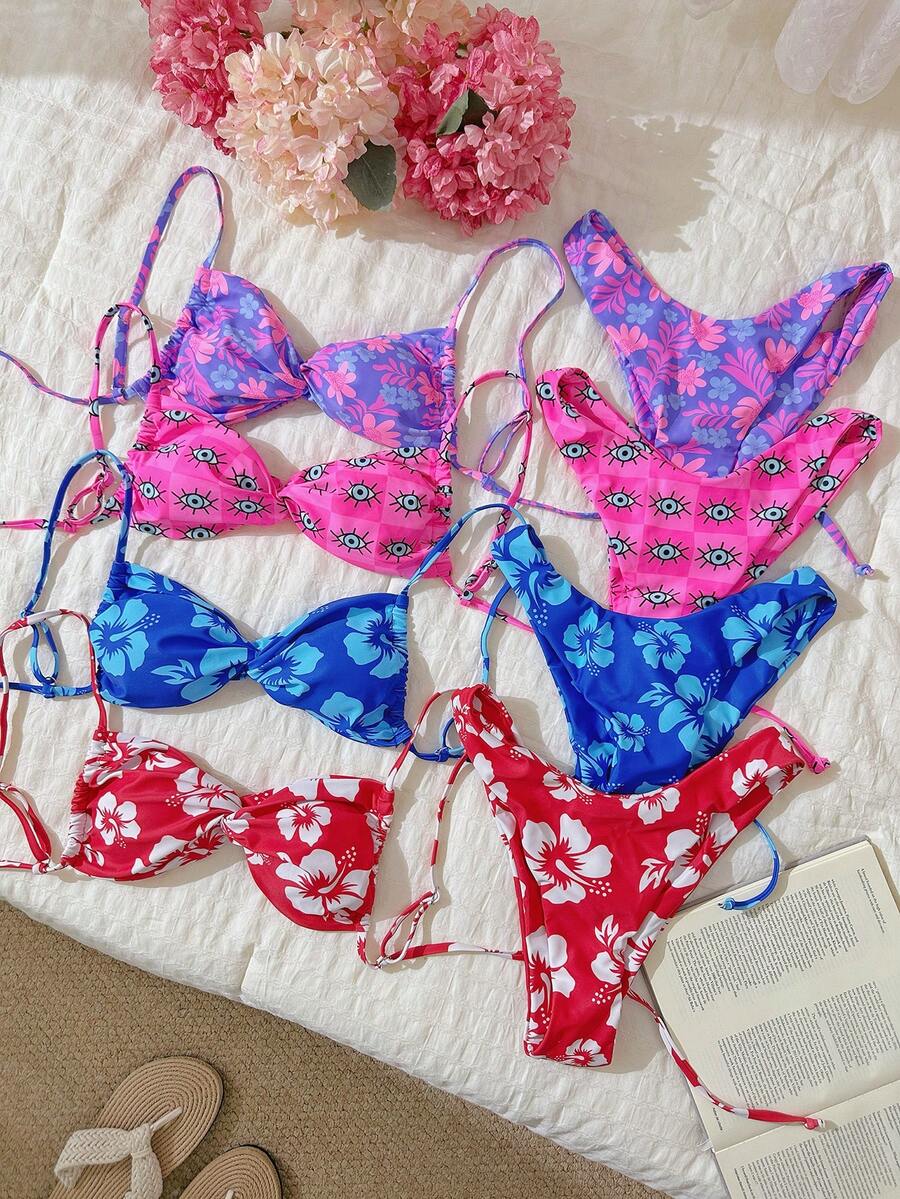 Swim Mod 女士夏季休闲花朵随机印花细肩带扭结前性感比基尼套装 - 彩色 - 查看 1