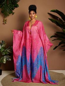 Maweii Bộ áo choàng và quần dài in họa tiết ombre dành cho nữ cỡ lớn, màu hồng và xanh dương. - Màu Hồng Tươi - Xem 4