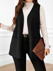 Miaspire Chaqueta casual suelta de bolsillo sin mangas de unicolor, para mujer, para primavera/verano, ropa de verano, atuendos de vacaciones / Vacaciones en otoño/invierno (talla grande) - Negro - Ver 3