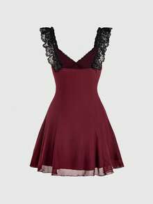 Sweetness Gothic Style Burgundy Lace Patchwork Mini Dress For Women ,Spring/Summer - Burgundy - View 2