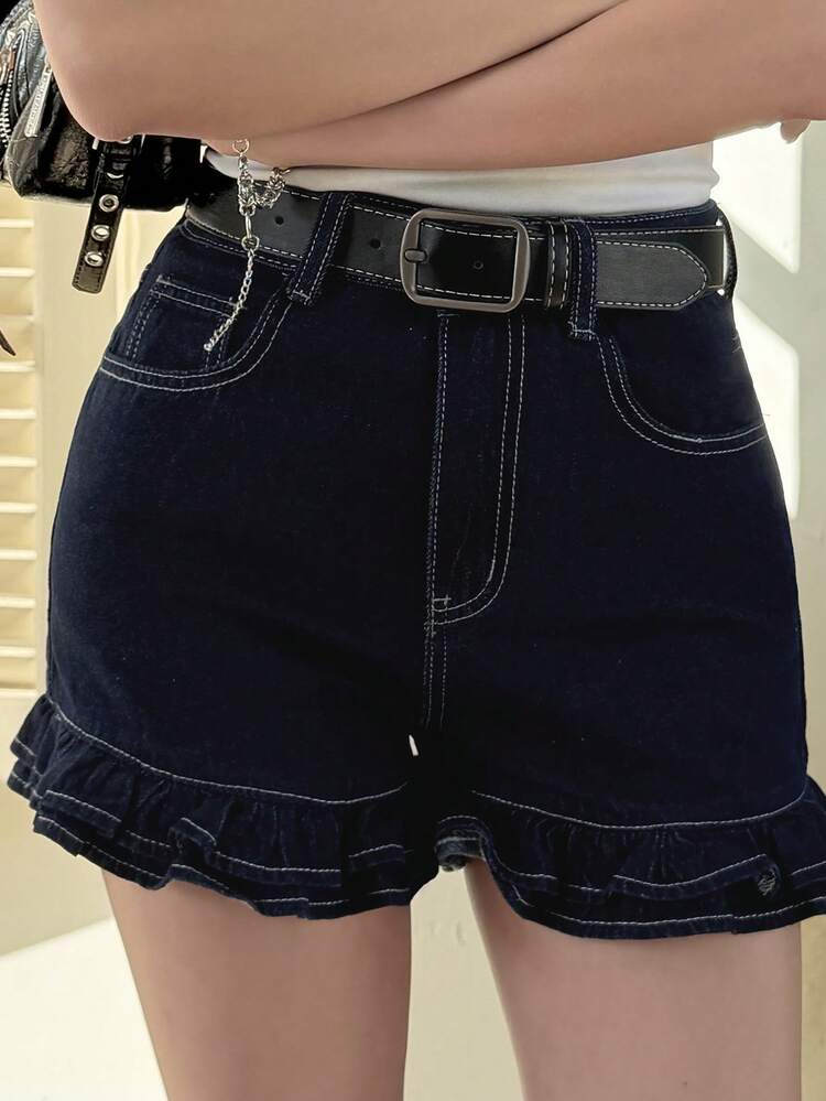 Women's Regular Waist Frill Trim Patchwork Casual Denim Shorts Jorts