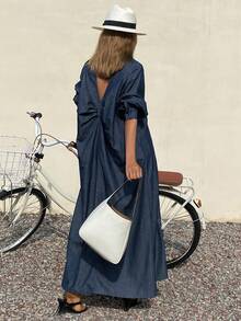 DAZY Women's Lapel Twist Back Cutout Loose Long Sleeve Maxi Denim Casual Elegant Dress - Dark Wash - View 8