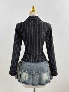 SHEIN PETITE 女士休闲/工作深V领条纹衬衫 - 黑色 - 查看 2