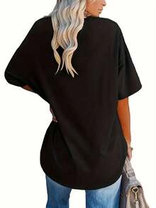 EMERY ROSE Women's V Neck Short Sleeve T Shirt- Journey Don't Stop Believin' Scarab Casual Graphic Loose Tee - Black - View 2