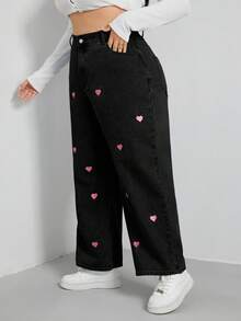 SHEIN EZwear 加码爱心刺绣阔腿牛仔裤 阔腿牛仔裤 女童阔腿牛仔裤 女士阔腿牛仔裤 - 黑色 - 查看 7