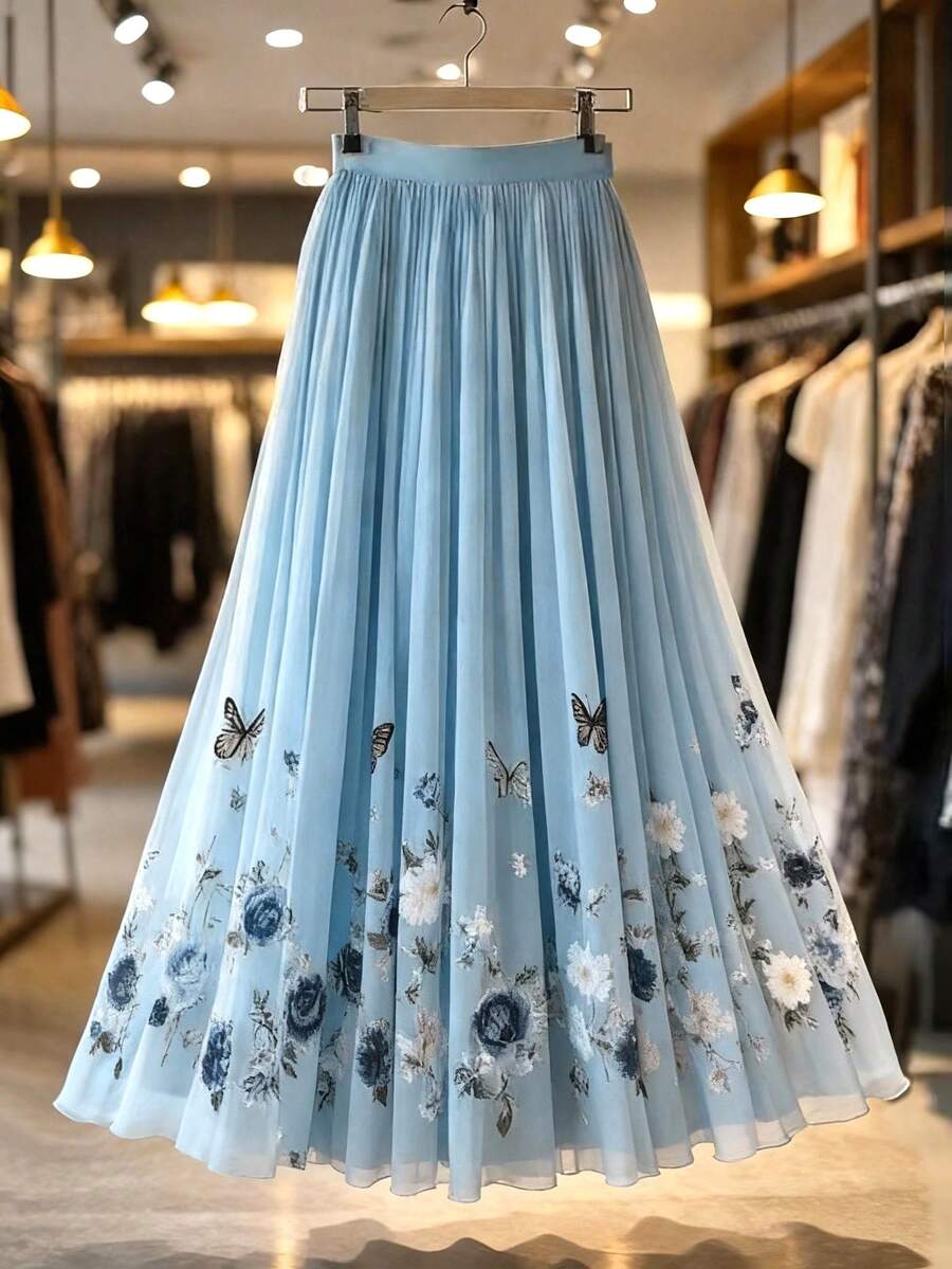 Franclia Saia longa evasê em tule rosa claro com estampa vintage de rosas e borboletas - Cintura solta, fluida e elegante. Saia de fada. - Azul - Ver 1