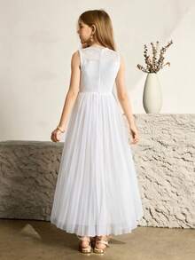 Đầm ren chiffon thanh lịch cho bé gái tuổi teen, màu trắng trơn, xếp ly, không tay, có khóa kéo, thích hợp cho lễ tốt nghiệp, đám cưới, mùa xuân và mùa hè. - trắng - Xem 2