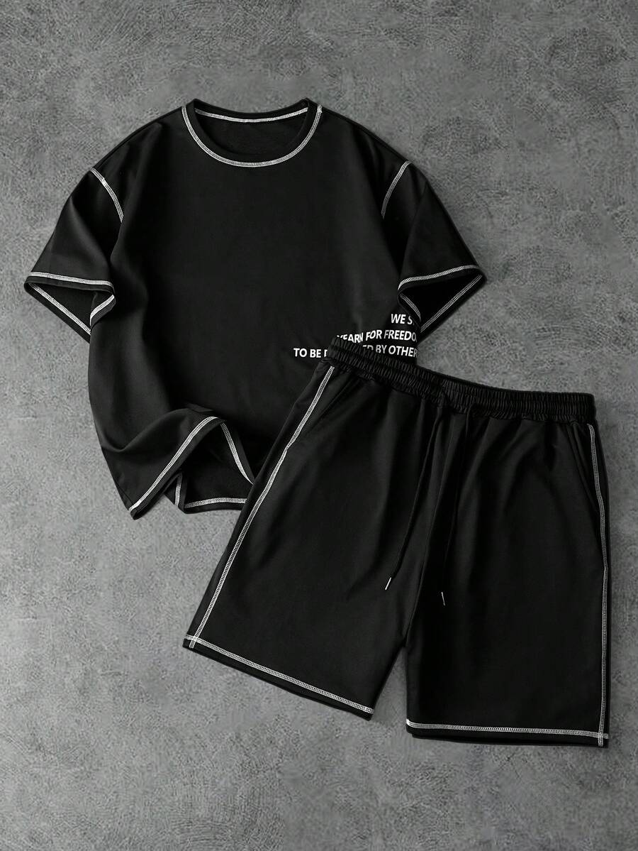 PAVTROS Bộ đồ nam tối giản in họa tiết, cổ tròn, tay ngắn gồm áo thun và quần short. - màu đen - Xem 1