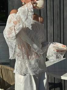 Livesso Lace Carnival Spring Off-Shoulder Vacation Sheer White Blouse For Women Going Out Tops - White - View 4